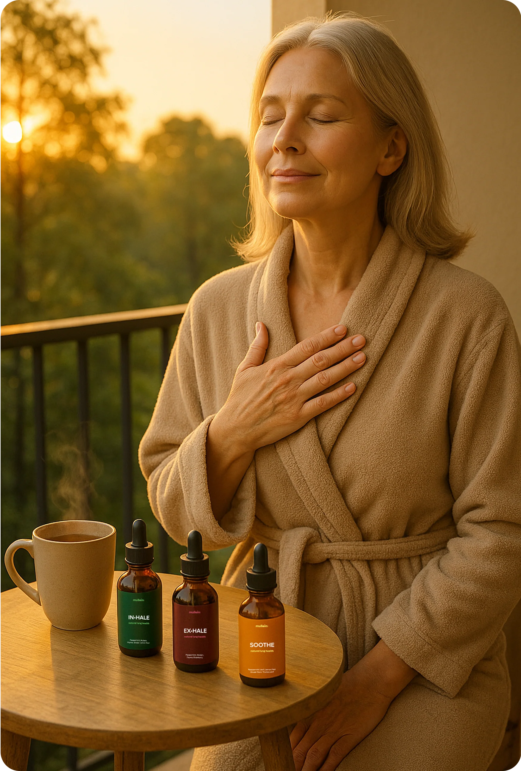 Woman in a robe relaxing on a balcony at sunrise with three dropper bottles on a table.