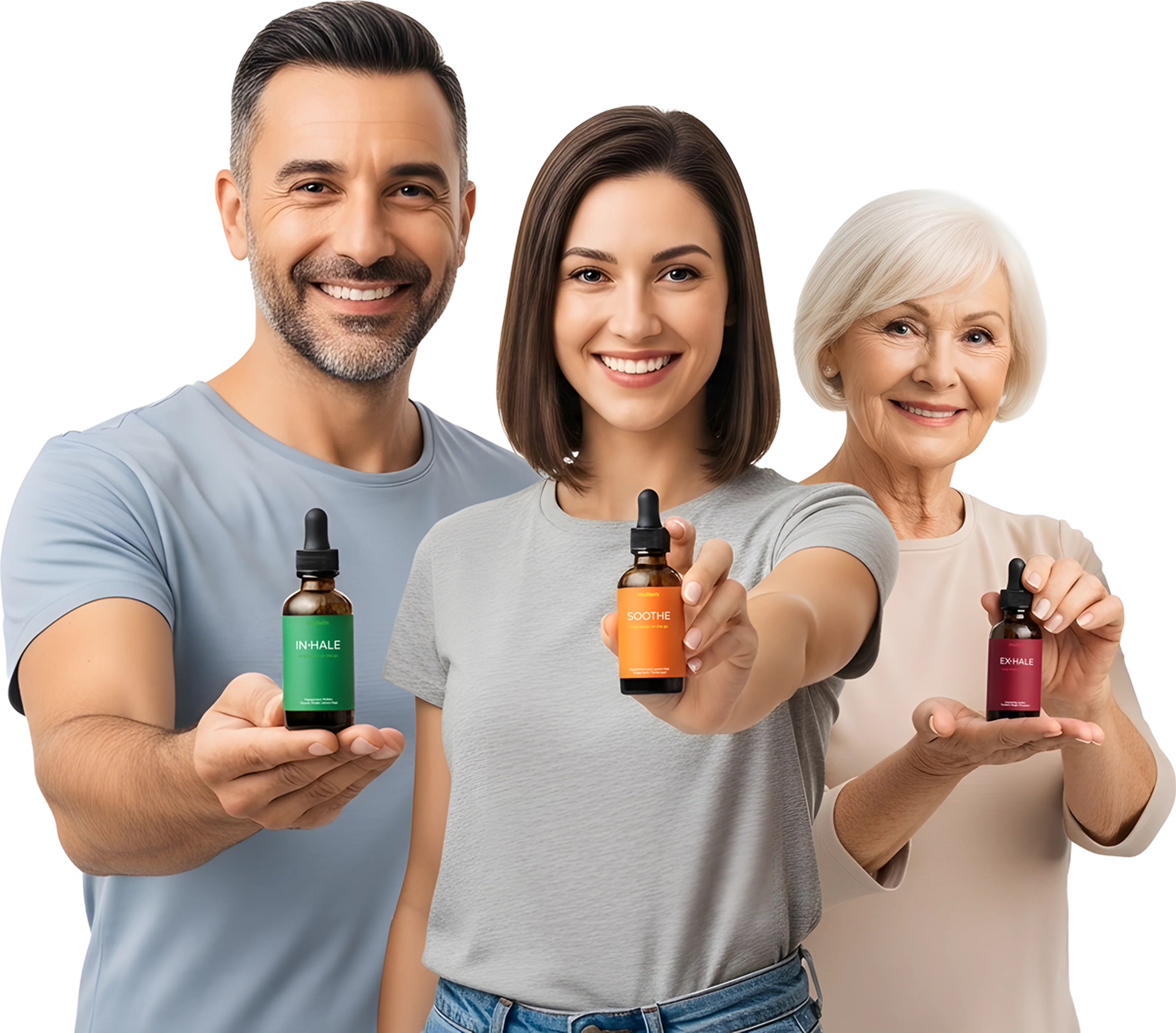 A man, a young woman, and an older woman smiling and holding different bottles from the Breathe Bundle.